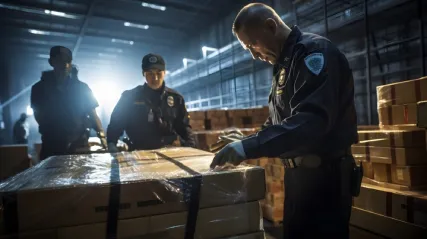 Custom inspection process, medium shot of officers meticulously checking imported goods, emphasizing the scrutiny and formalities required for global trade.